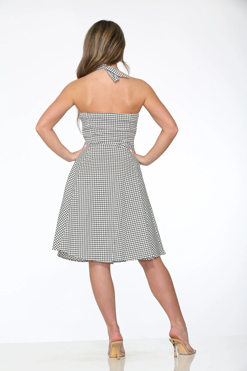 White & Black Checkmate Halter Swing Dress - Image 8