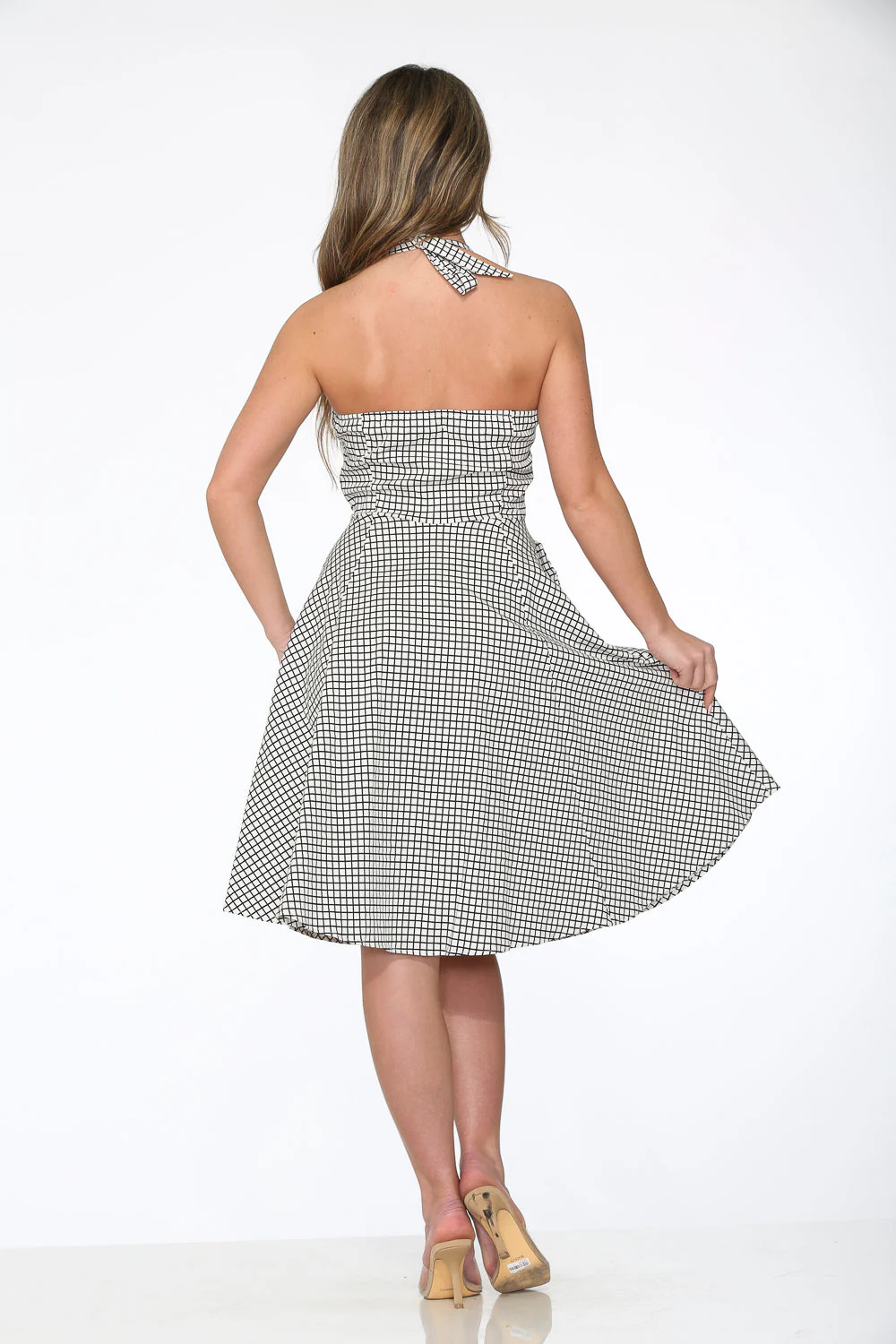 White & Black Checkmate Halter Swing Dress - Image 9