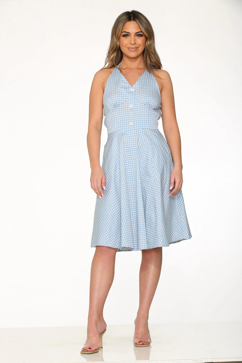 Blue White Checkmate Halter Swing Dress - Image 2