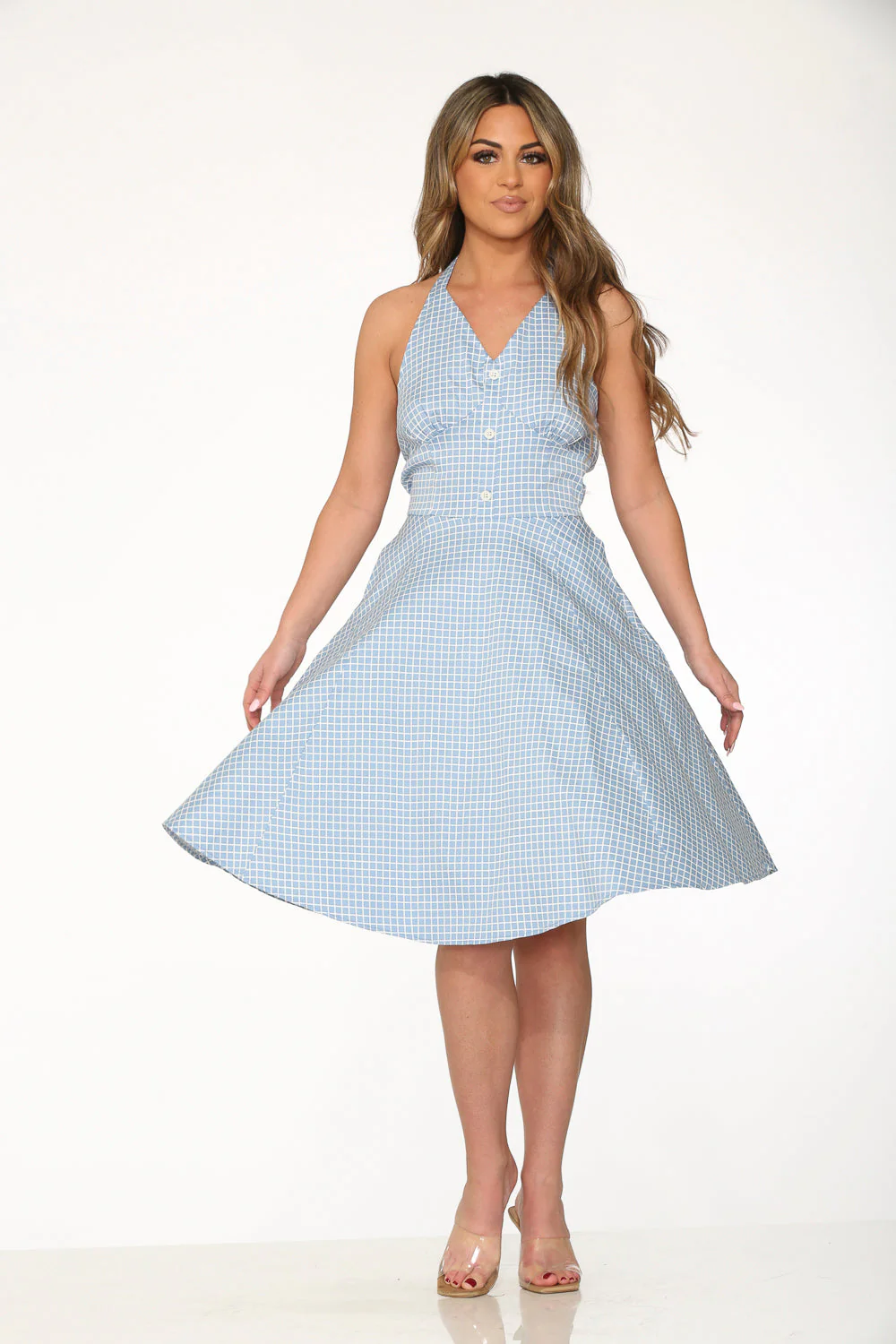 Blue White Checkmate Halter Swing Dress - Image 6