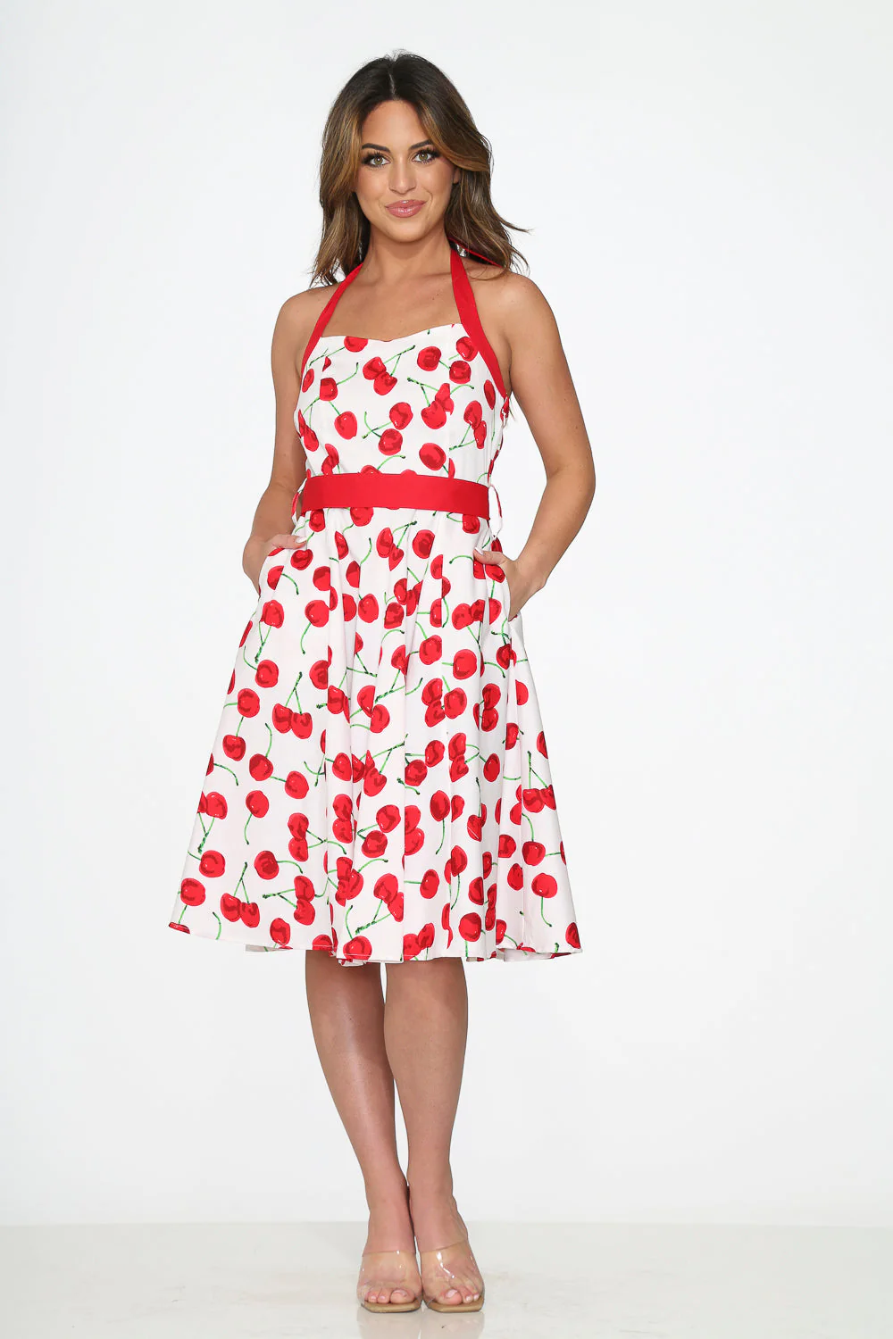 White Red Cherry Halter Swing Dress - Image 5