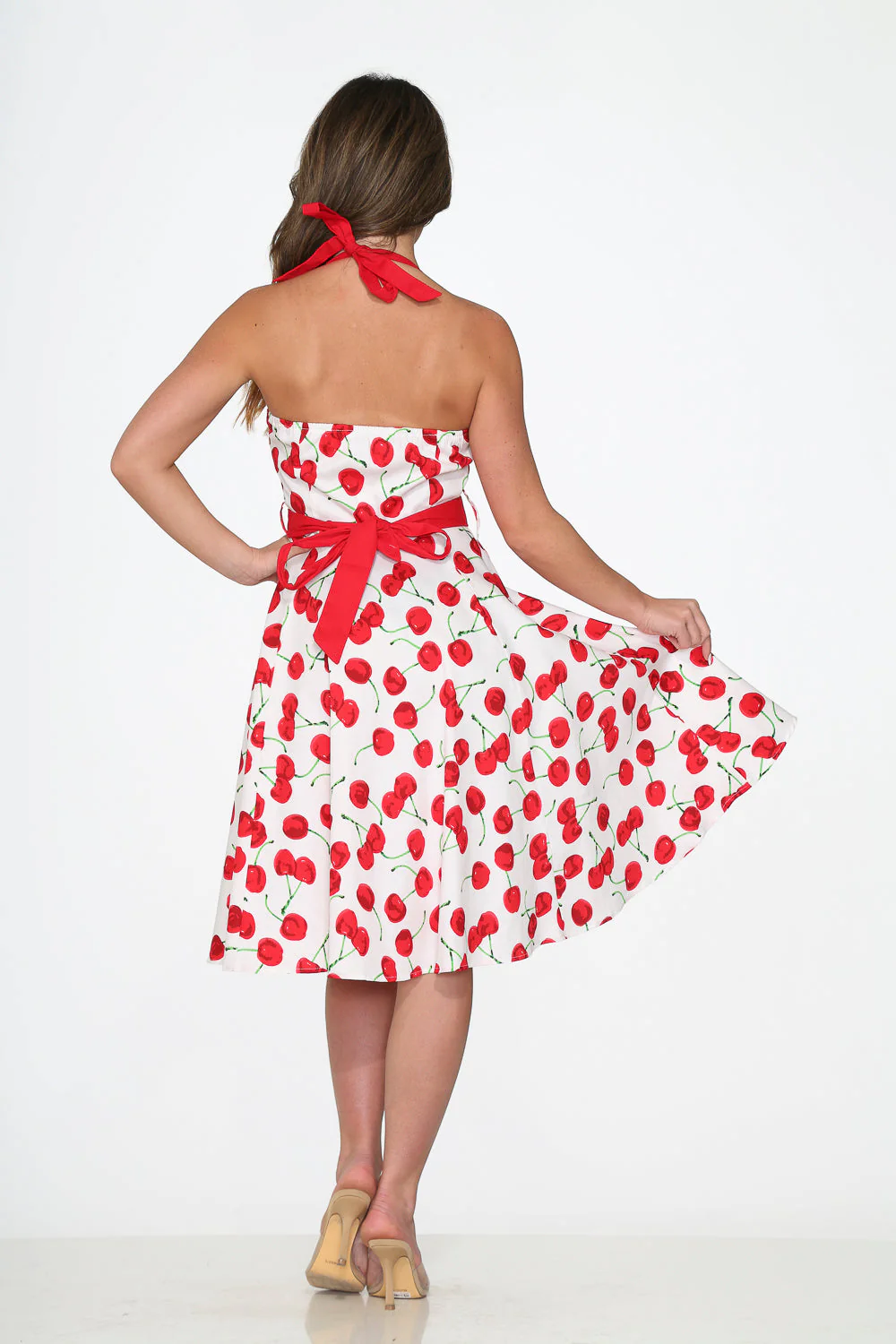 White Red Cherry Halter Swing Dress - Image 7