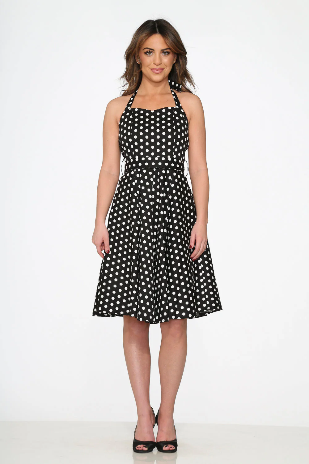 Black & White Polka Dot Halter Swing Dress - Image 2