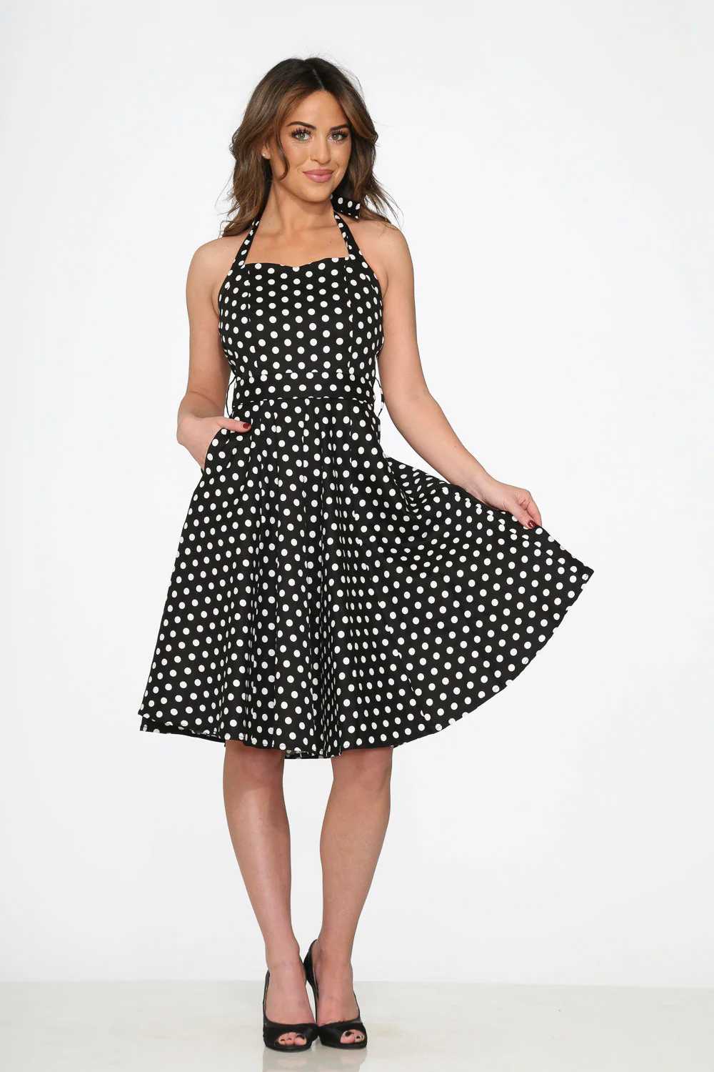 Black & White Polka Dot Halter Swing Dress - Image 4