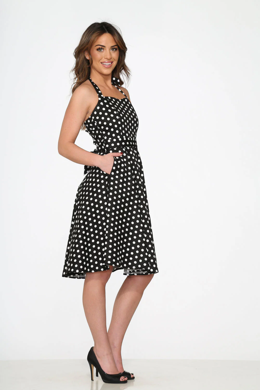 Black & White Polka Dot Halter Swing Dress - Image 5