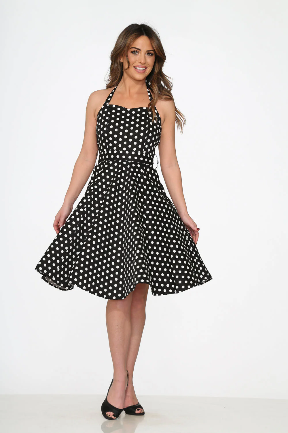 Black & White Polka Dot Halter Swing Dress - Image 6