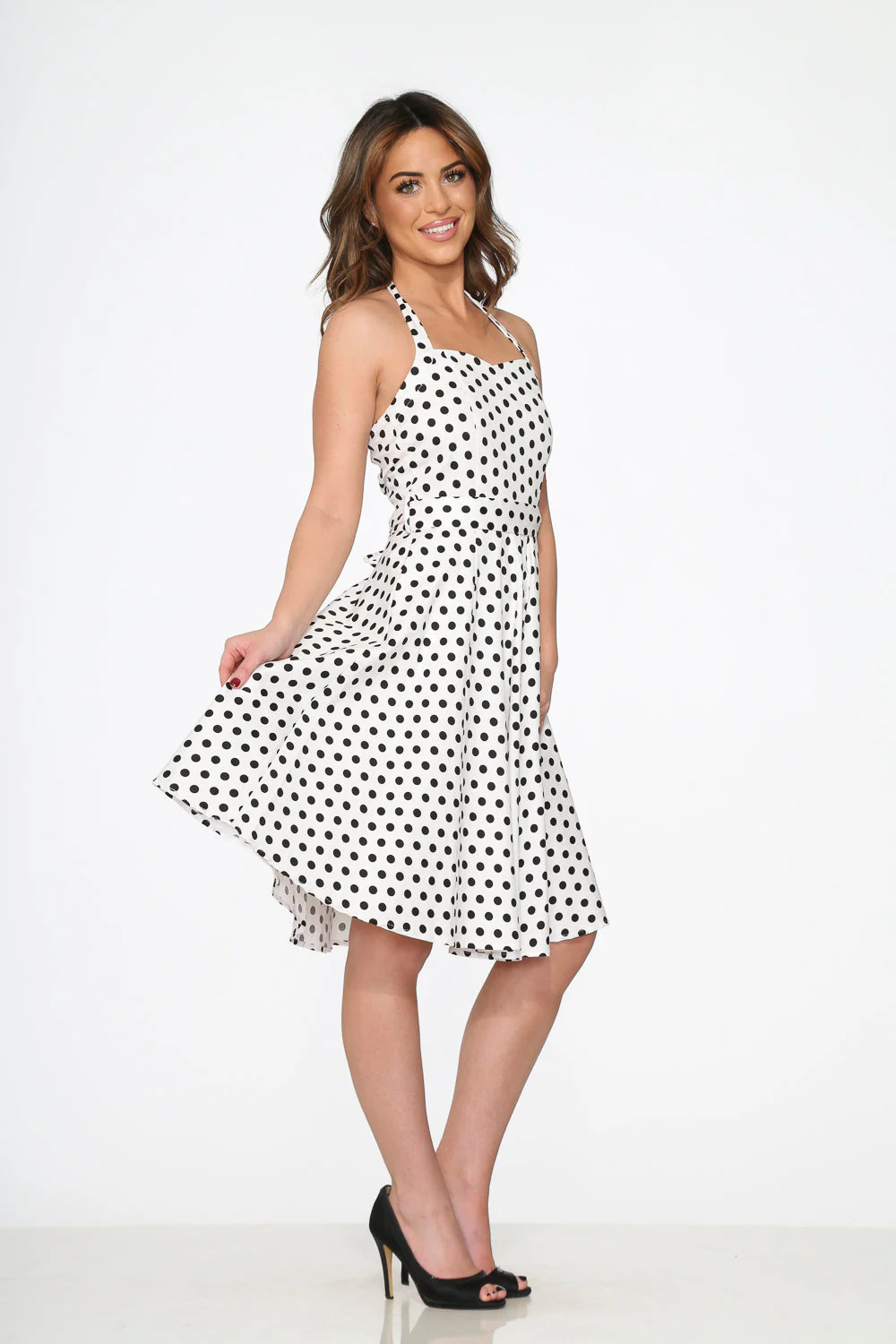 White & Black Polka Dot Halter Dress - Image 4