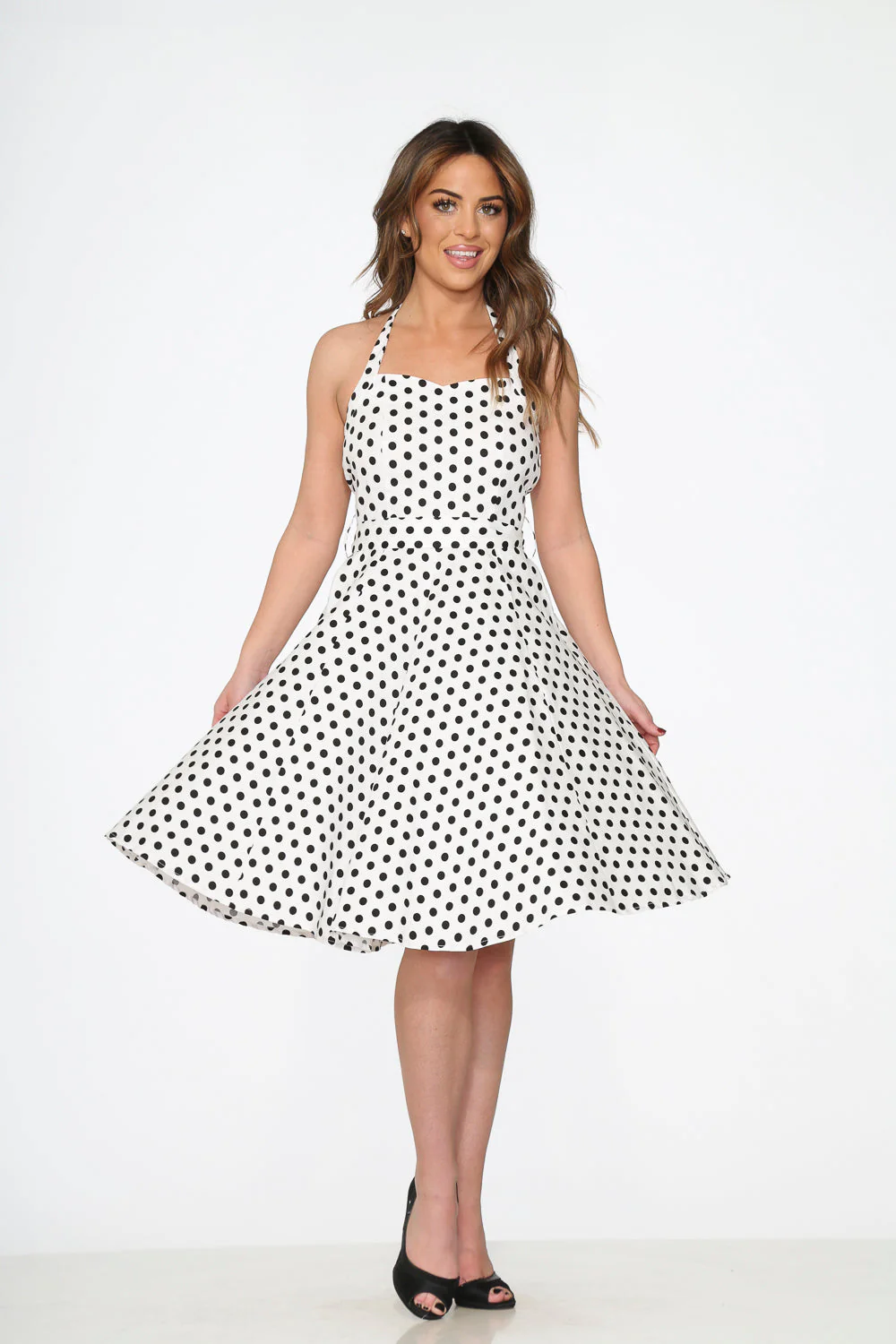 White & Black Polka Dot Halter Dress - Image 5