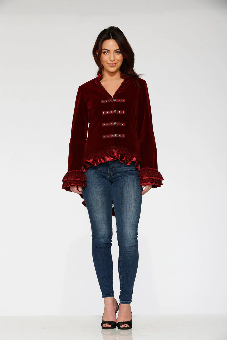 Burgundy Gloria Velvet Tailed Jacket - Image 11