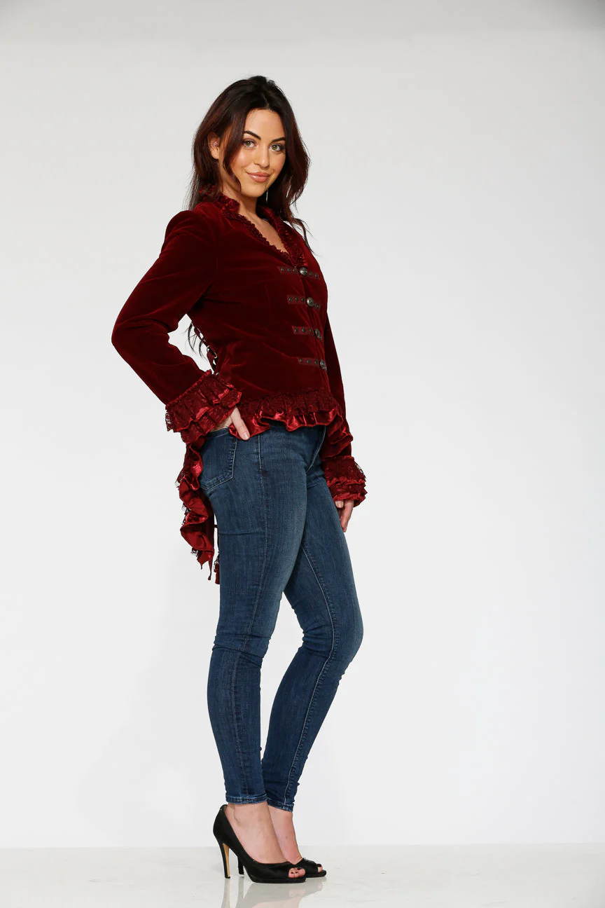 Burgundy Gloria Velvet Tailed Jacket - Image 12