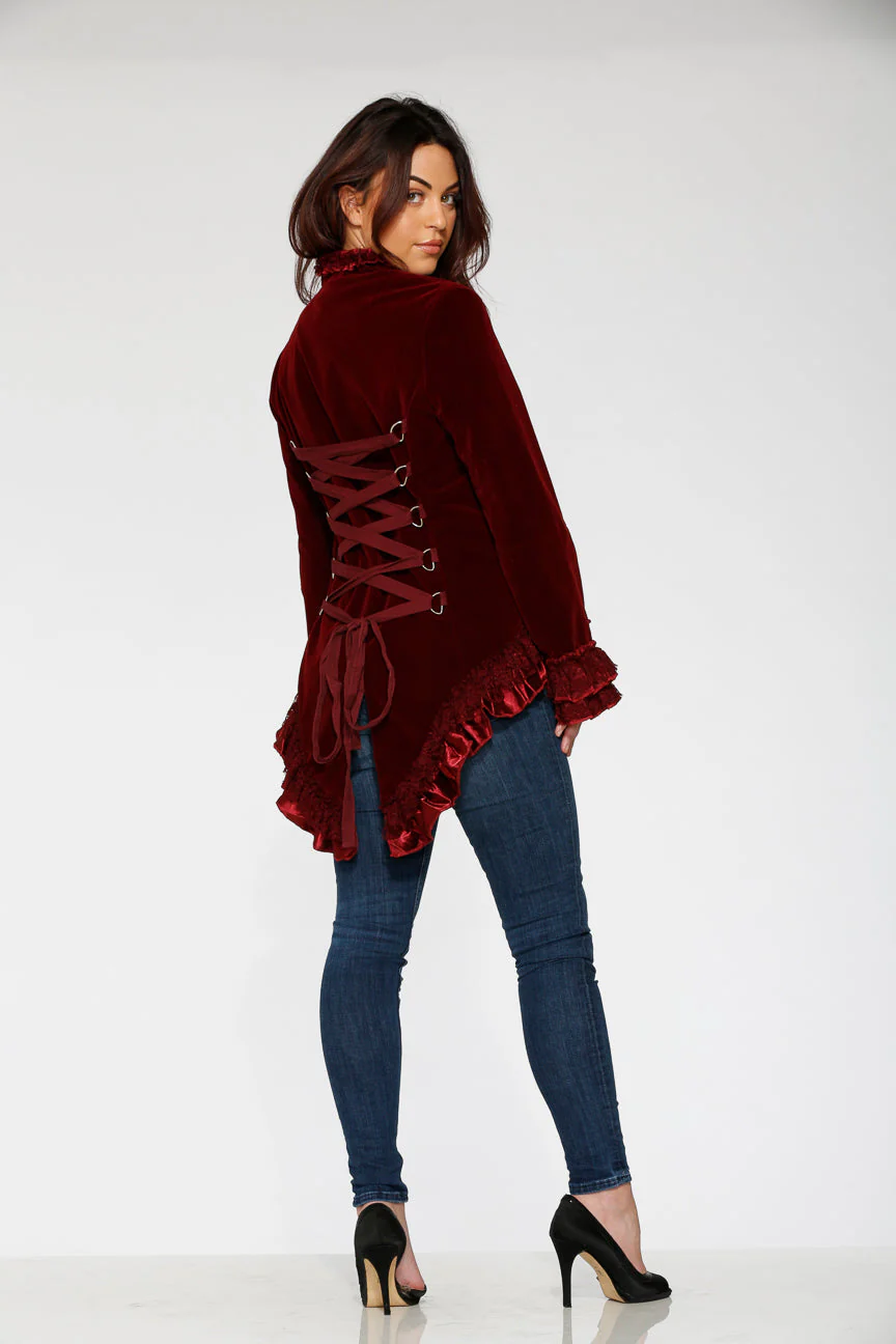 Burgundy Gloria Velvet Tailed Jacket - Image 13