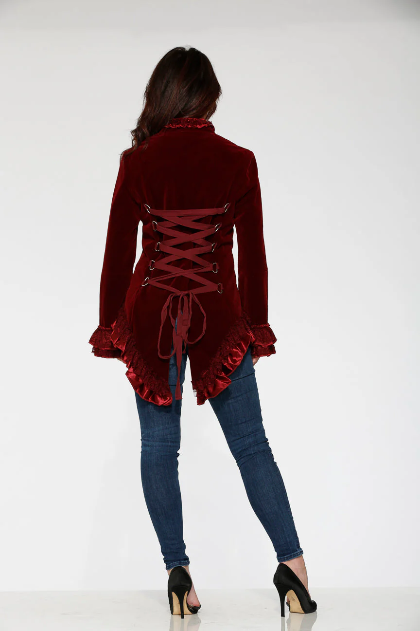 Burgundy Gloria Velvet Tailed Jacket - Image 14