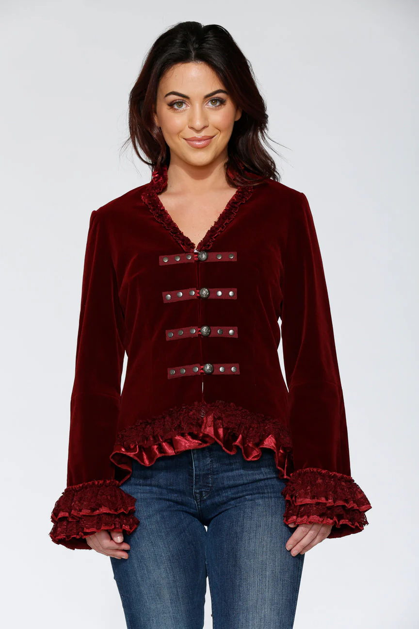 Burgundy Gloria Velvet Tailed Jacket - Image 15