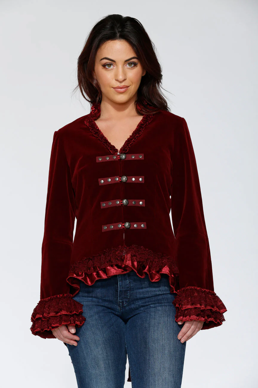 Burgundy Gloria Velvet Tailed Jacket - Image 16