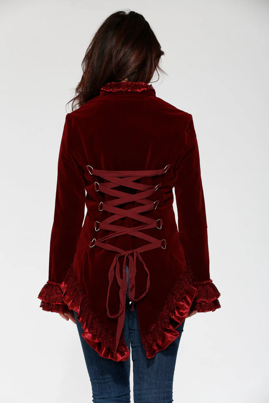 Burgundy Gloria Velvet Tailed Jacket - Image 17
