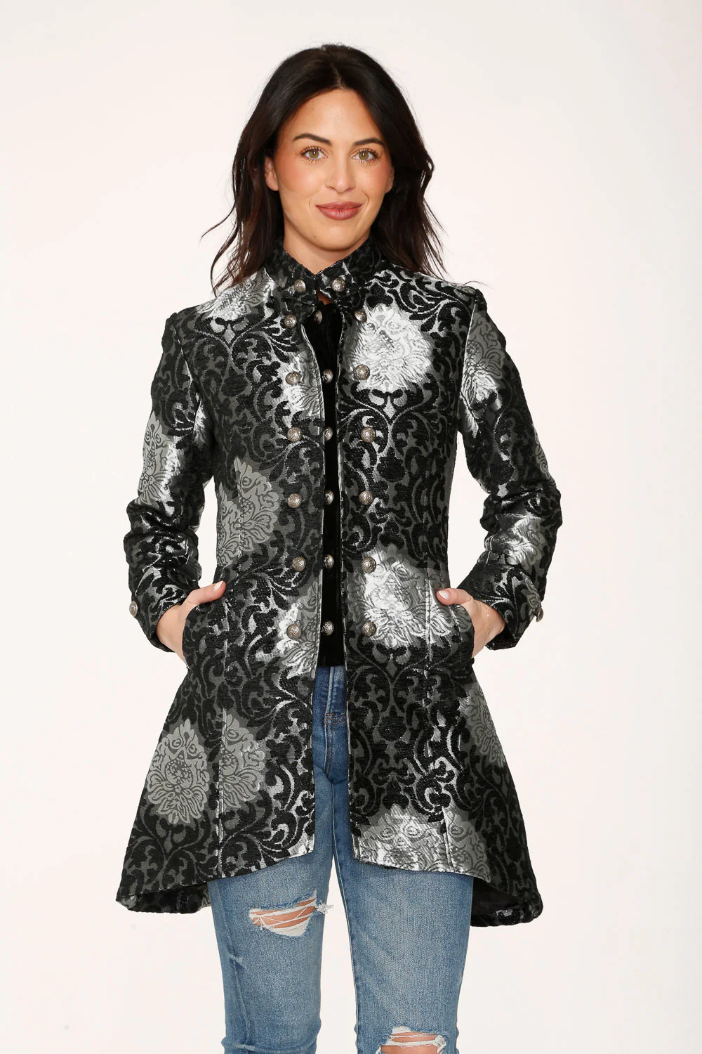 Silver & Black Brocade Coat - Image 3