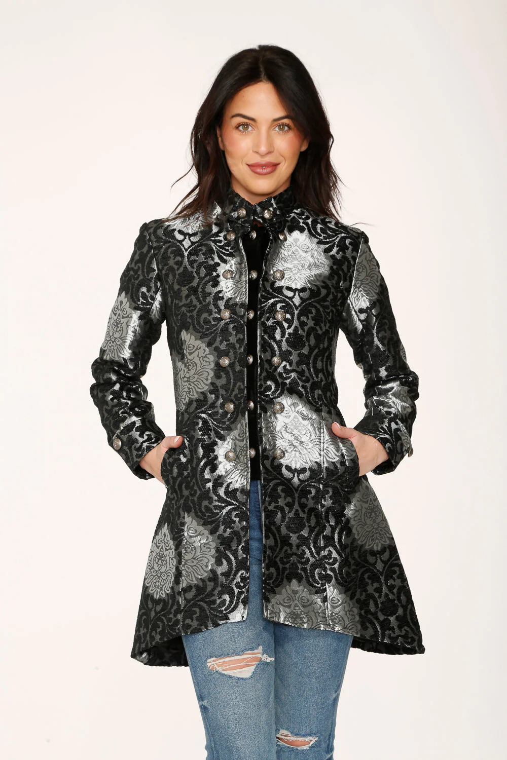 Silver & Black Brocade Coat - Image 5