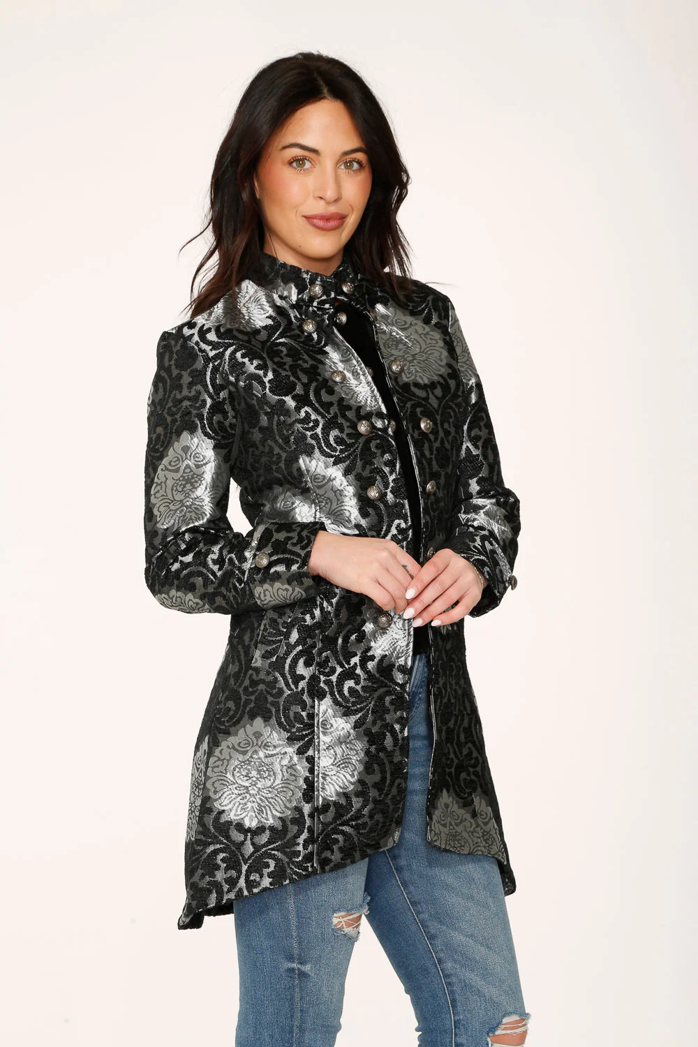 Silver & Black Brocade Coat - Image 7