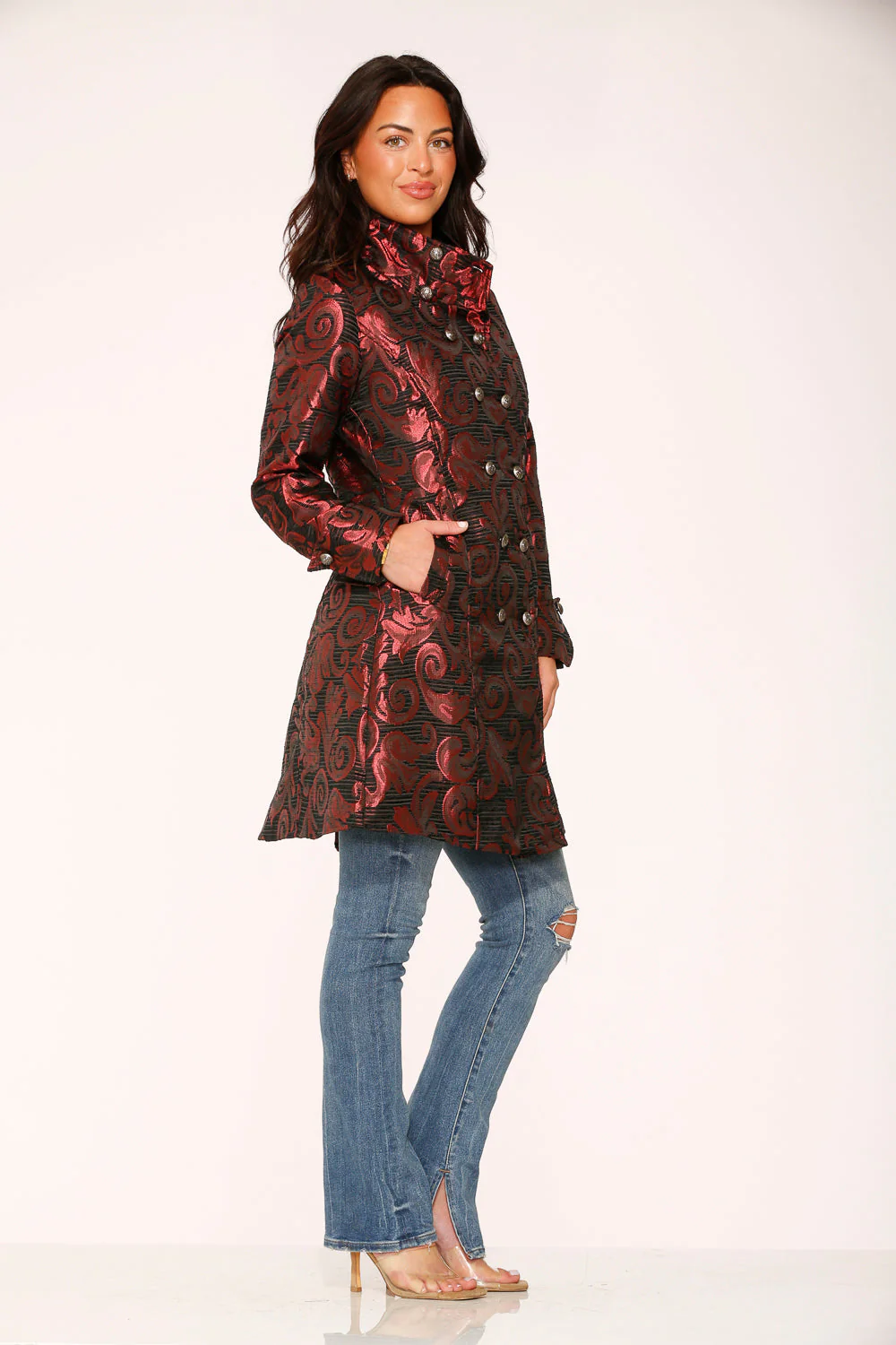 Red Brocade Women's Coat - Image 4