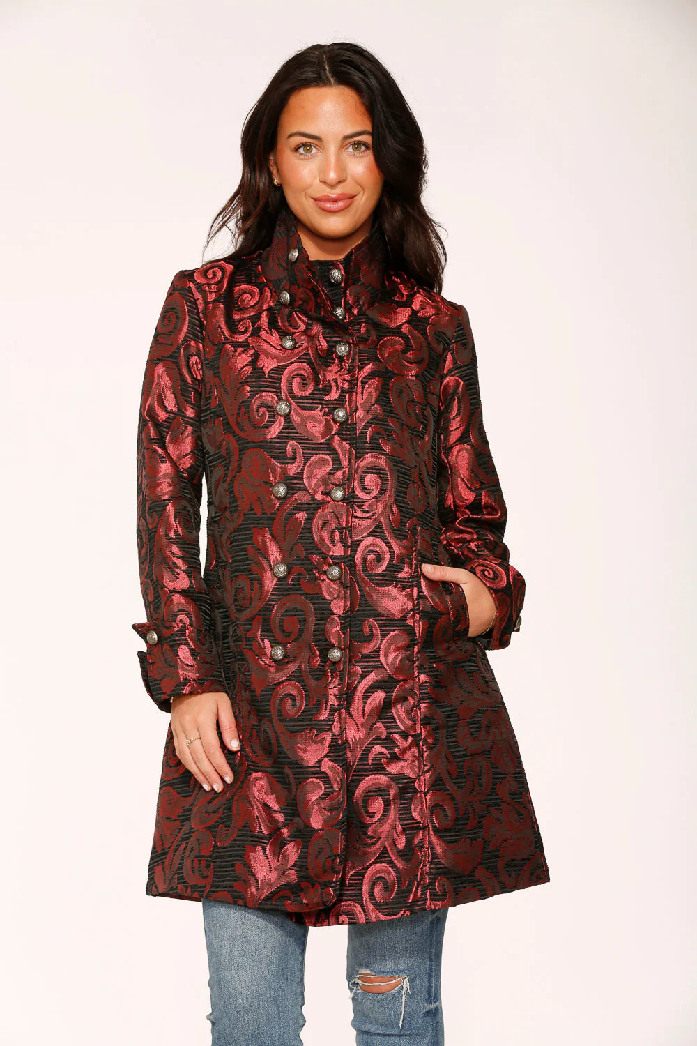 Red Brocade Women's Coat - Image 7