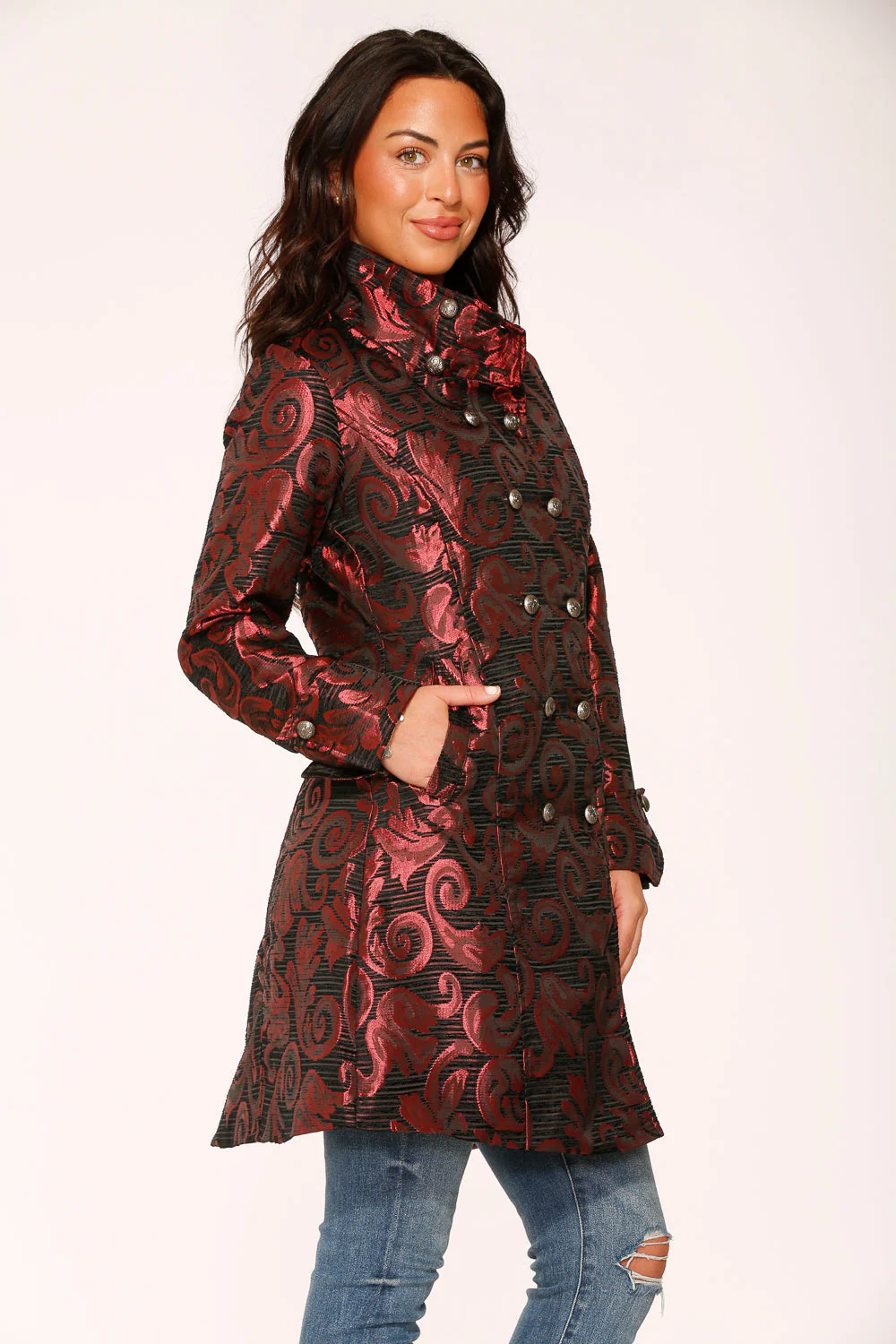 Red Brocade Women's Coat - Image 8