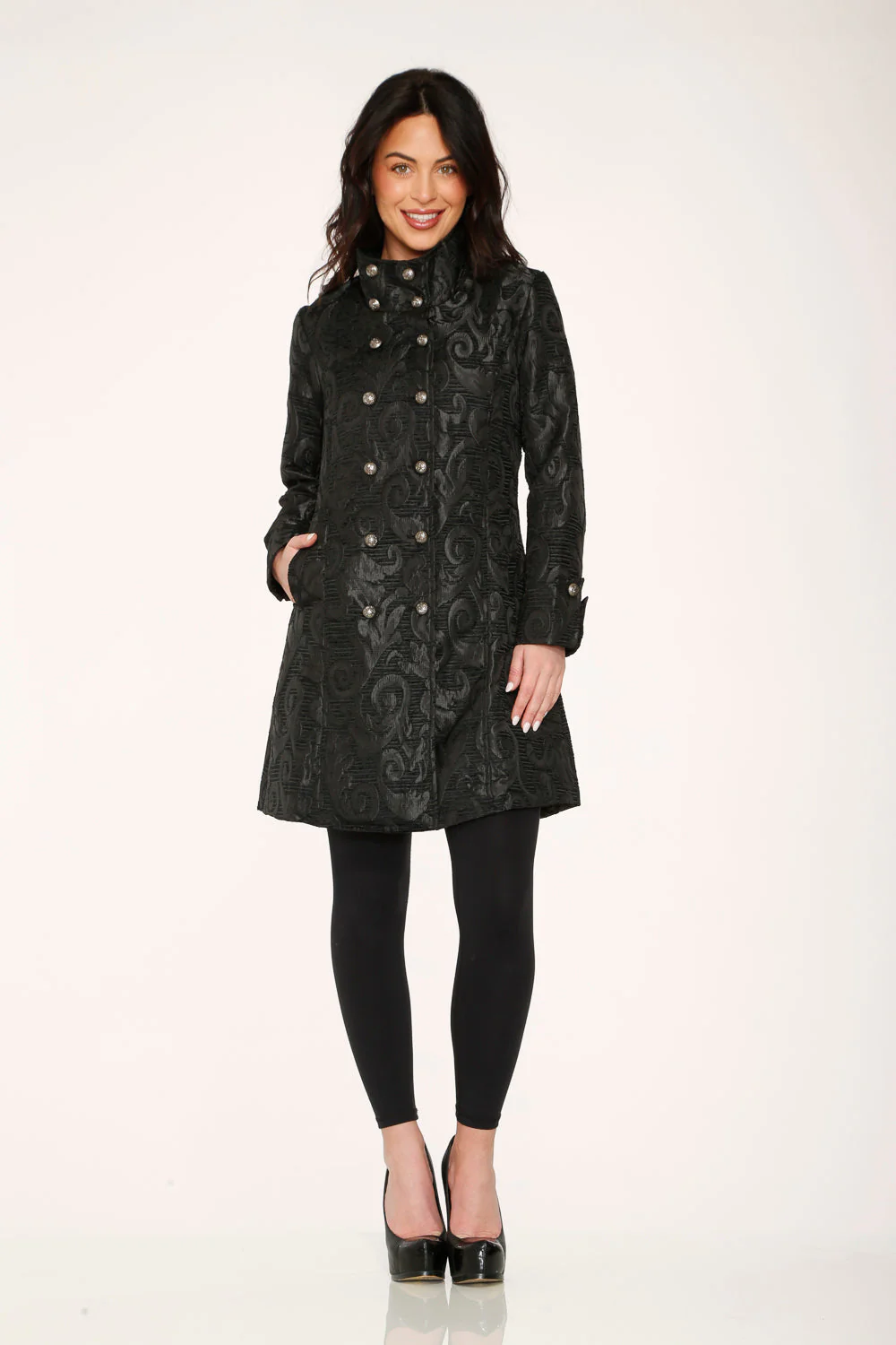 Black Brocade Women's Coat - Image 3