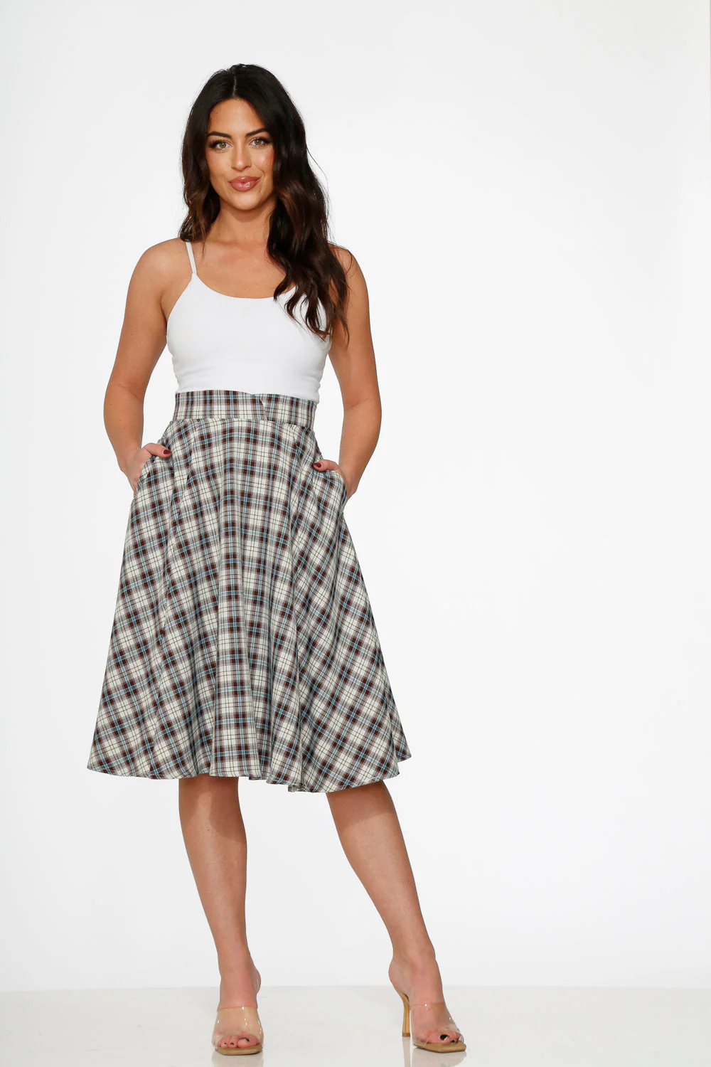 White & Brown Plaid Swing Skirt - Image 2