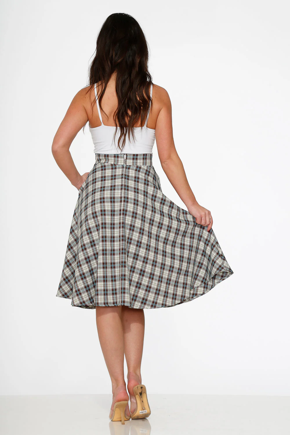 White & Brown Plaid Swing Skirt - Image 3