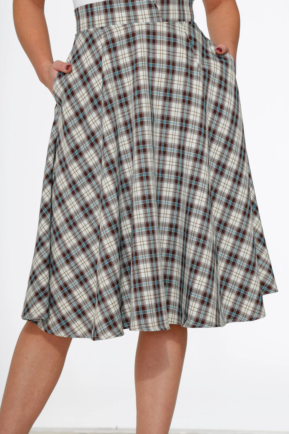 White & Brown Plaid Swing Skirt - Image 4