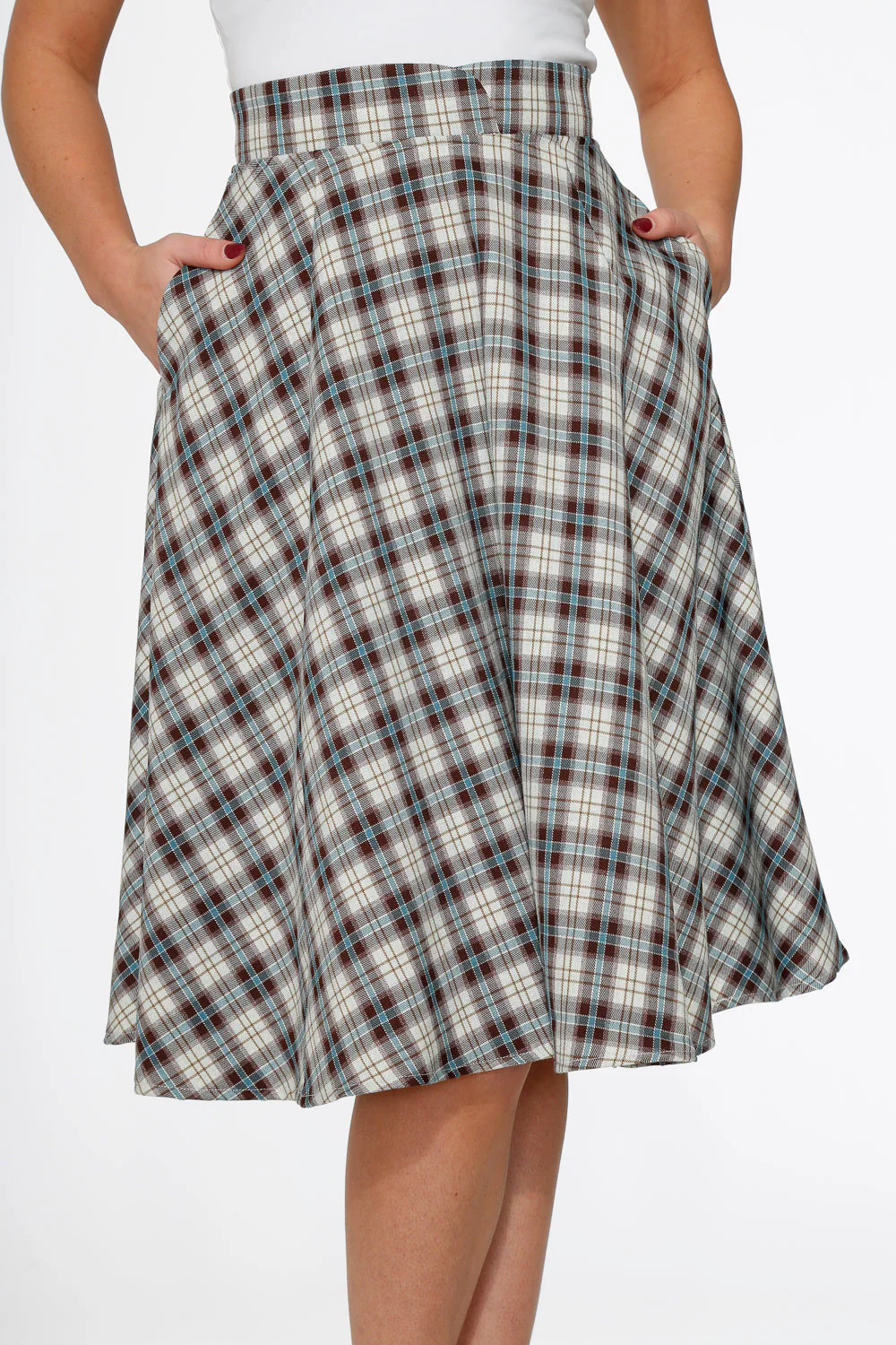 White & Brown Plaid Swing Skirt - Image 5