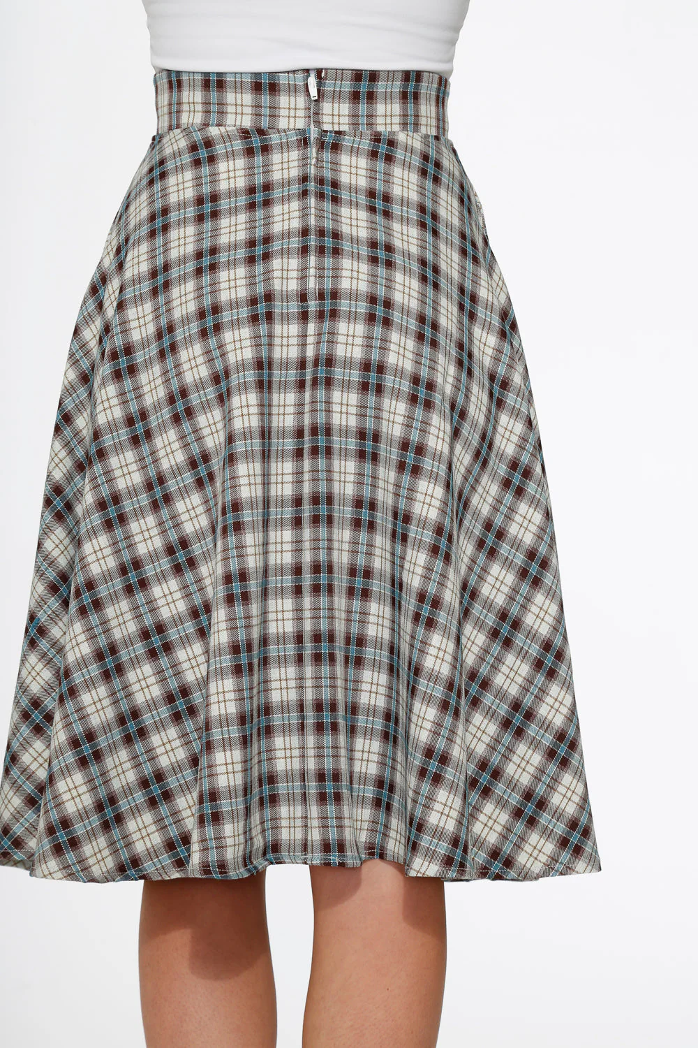 White & Brown Plaid Swing Skirt - Image 6