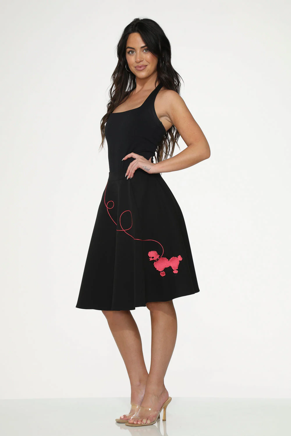Black Hot Pink Embroidered Poodle Swing Skirt - Image 3