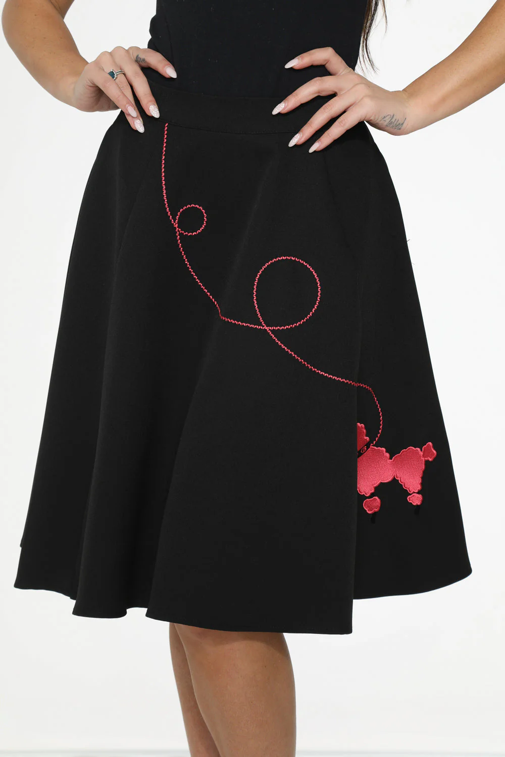 Black Hot Pink Embroidered Poodle Swing Skirt - Image 5