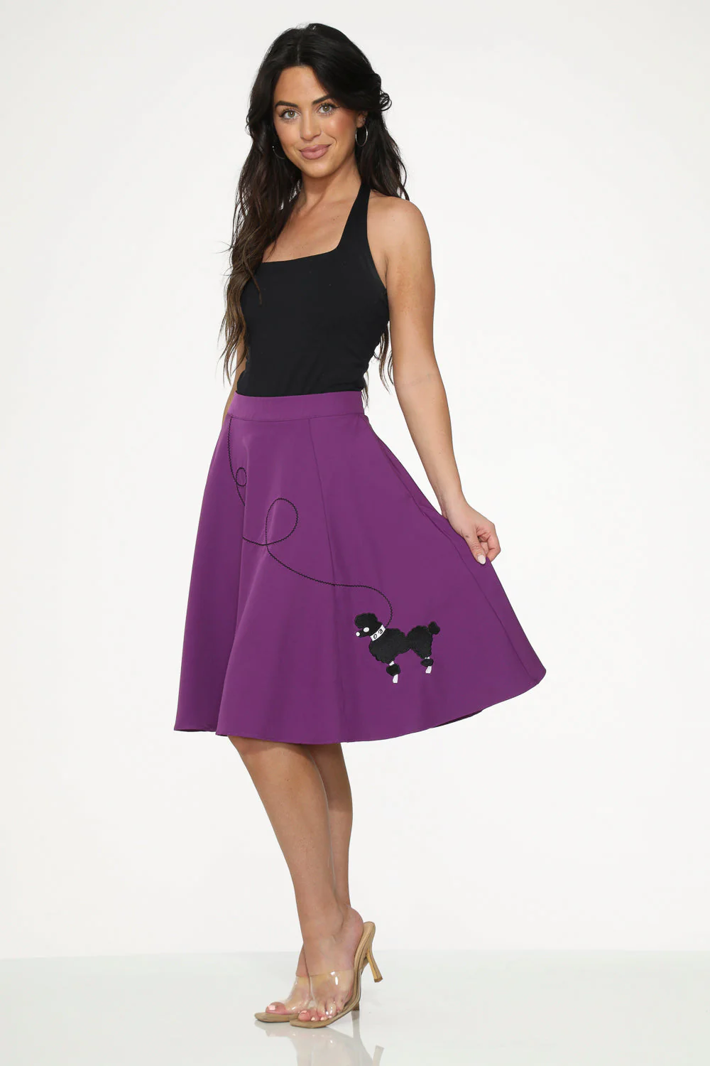 Purple Black Embroidered Poodle Swing Skirt - Image 3