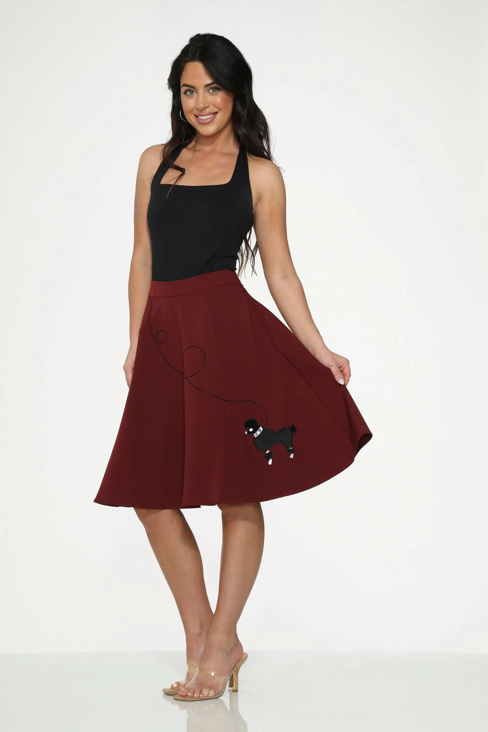 Burgundy Black Embroidered Poodle Swing Skirt - Image 3