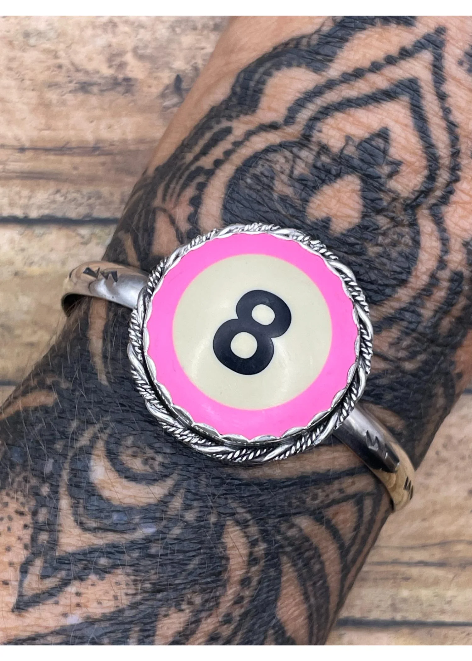 Sterling Silver Cuff Bracelet Pink Billiard 8-Ball