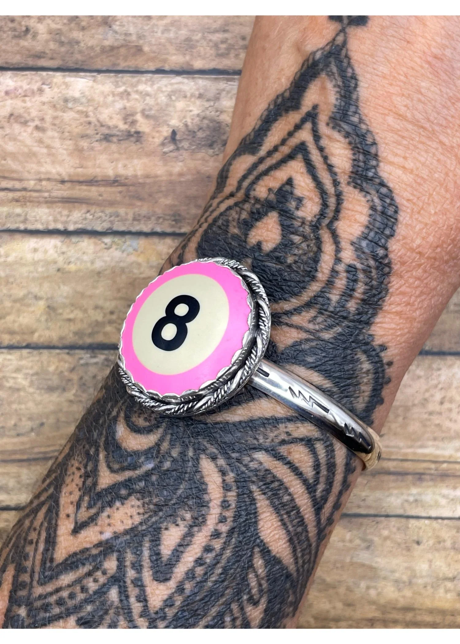 Sterling Silver Cuff Bracelet Pink Billiard 8-Ball - Image 5