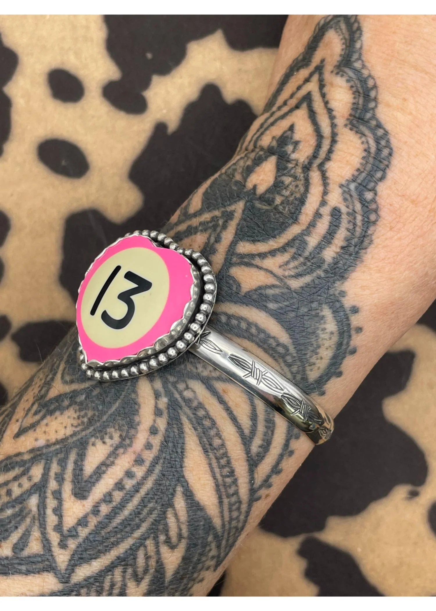 Sterling Silver Heart Cuff Pink Billiard Ball #13 - Image 2