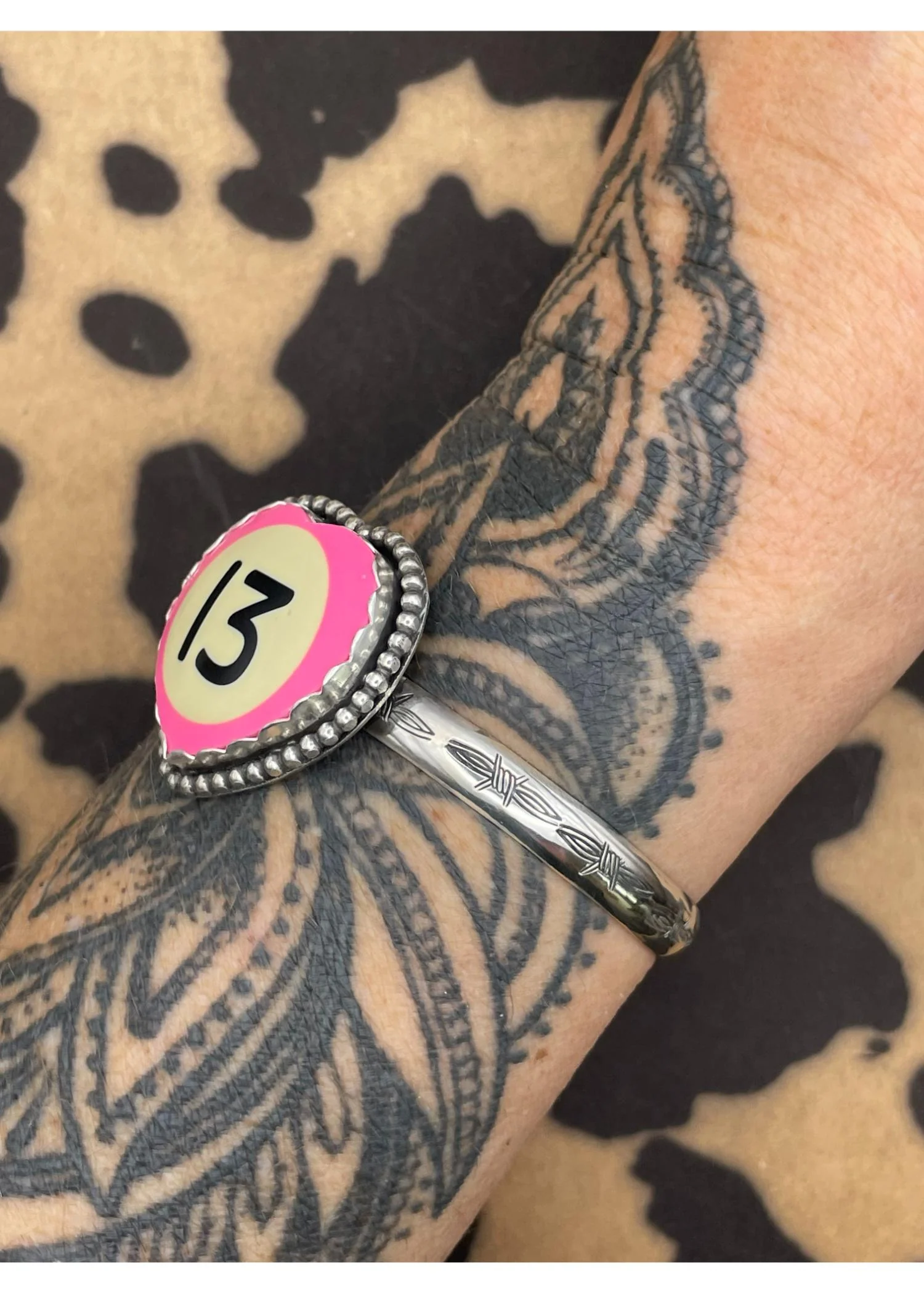 Sterling Silver Heart Cuff Pink Billiard Ball #13 - Image 3