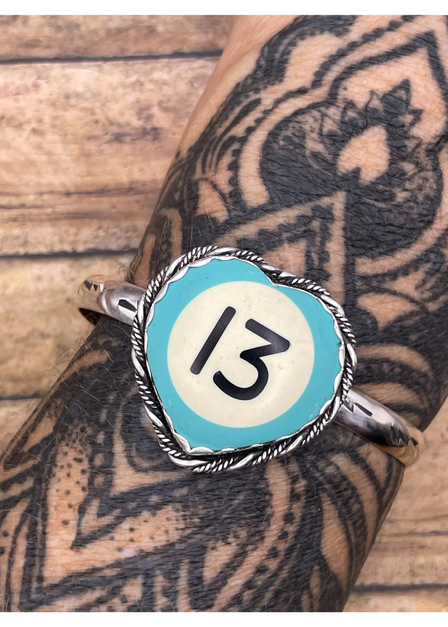 Sterling Silver Heart Cuff Turquoise Billiard Ball #13