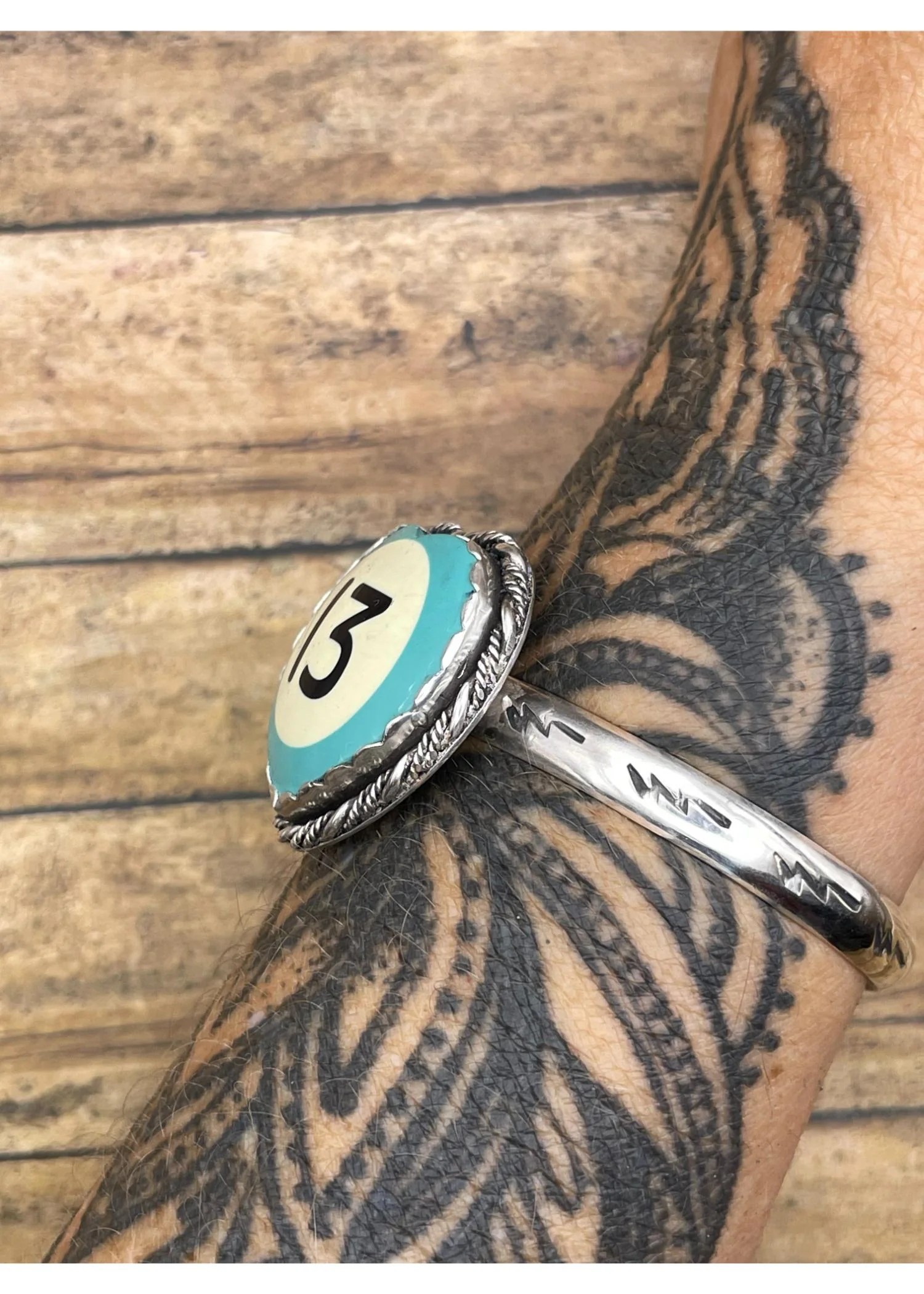 Sterling Silver Heart Cuff Turquoise Billiard Ball #13 - Image 2