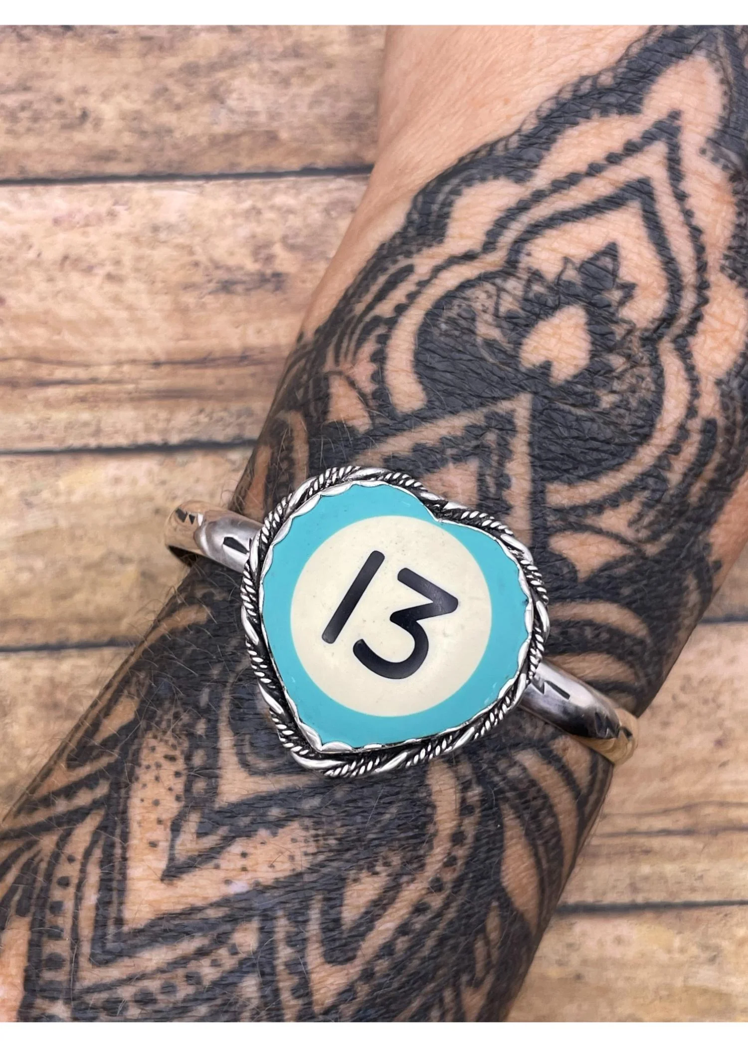 Sterling Silver Heart Cuff Turquoise Billiard Ball #13 - Image 3