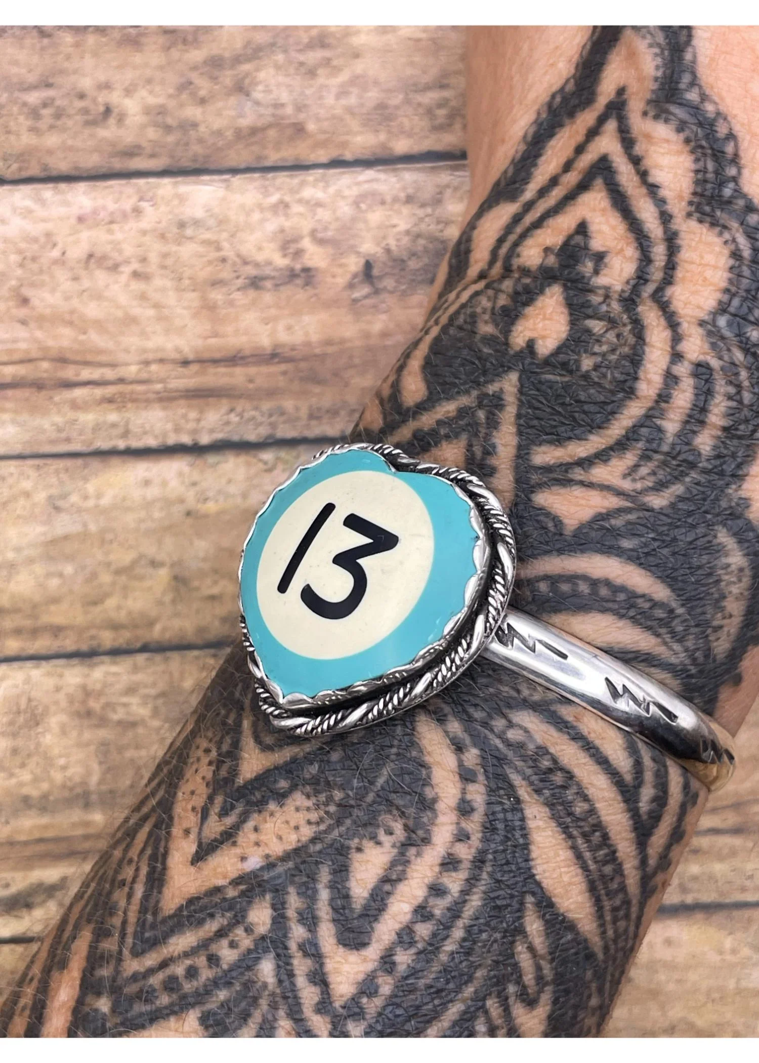 Sterling Silver Heart Cuff Turquoise Billiard Ball #13 - Image 4
