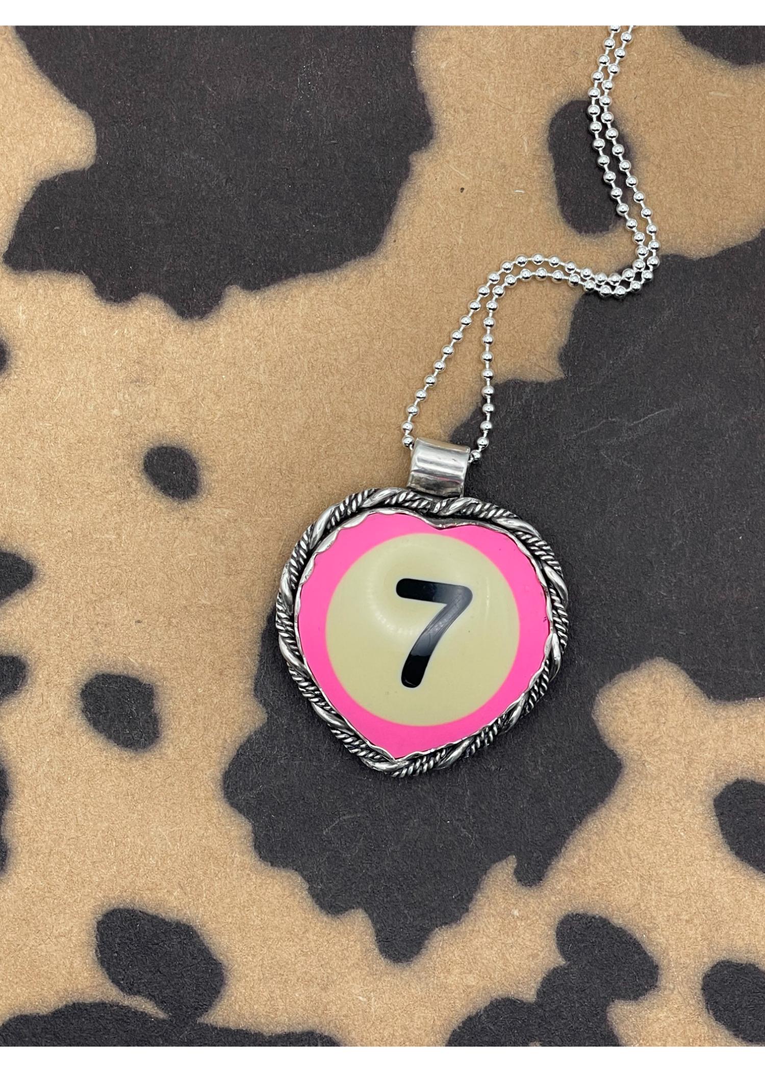 Sterling Silver Heart Pendant Pink Billiard Ball Lucky #7