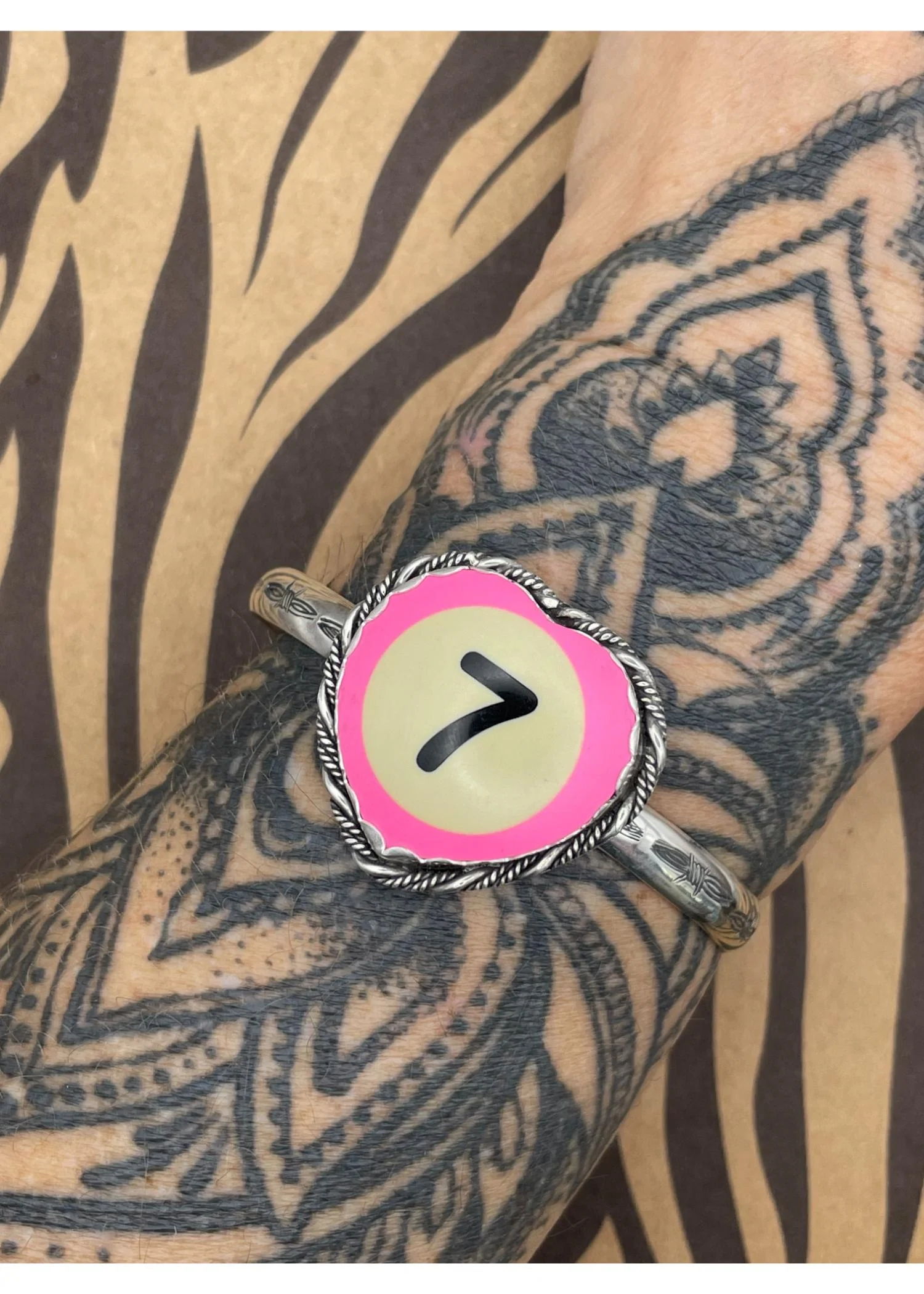 Sterling Silver Heart Cuff Pink Billiard Ball Lucky #7