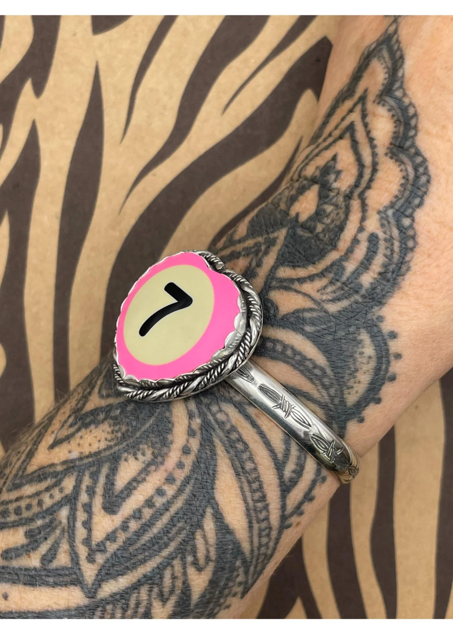 Sterling Silver Heart Cuff Pink Billiard Ball Lucky #7 - Image 3