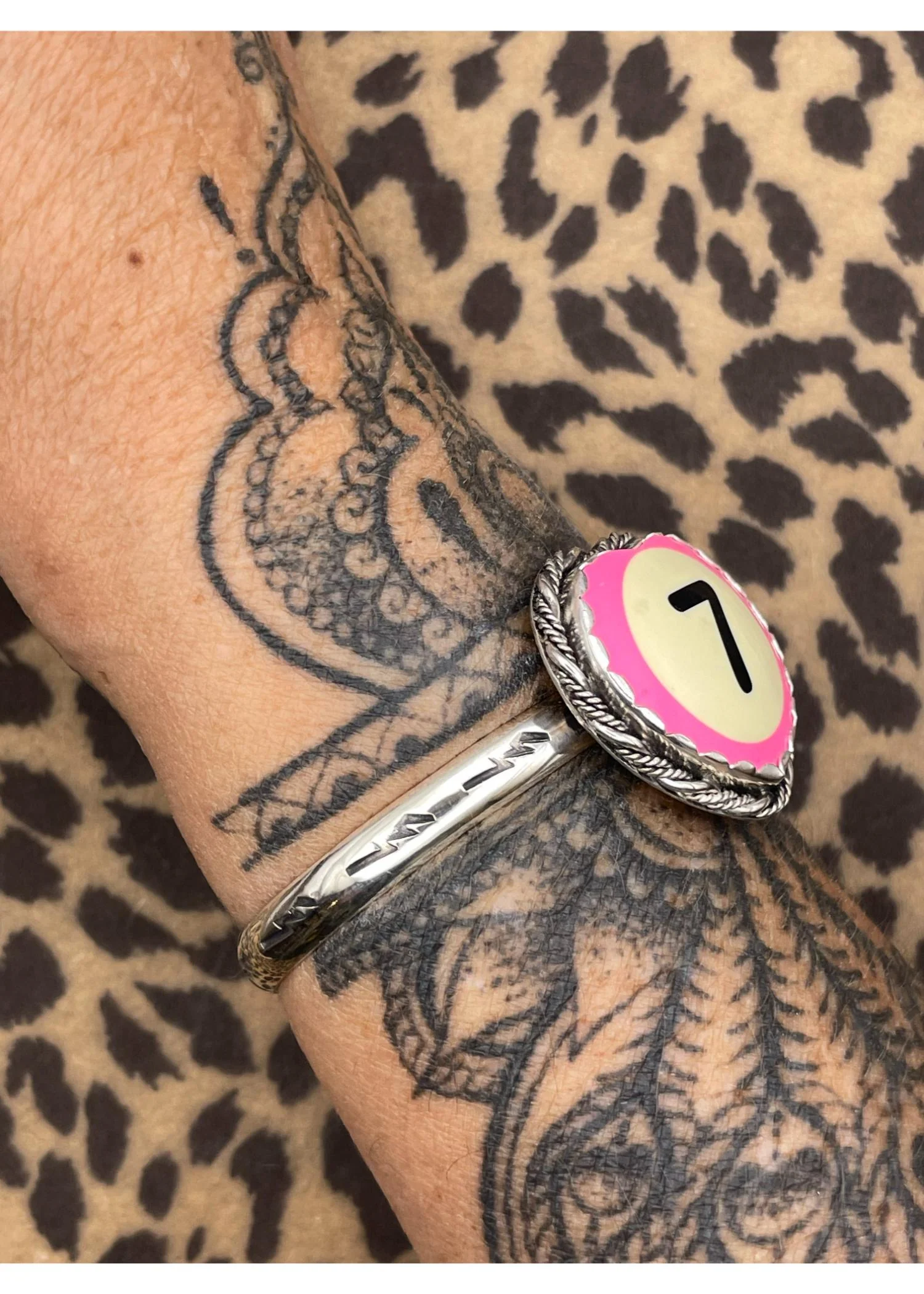 Sterling Silver Heart Cuff Pink Billiard Ball Lucky #7 - Image 4