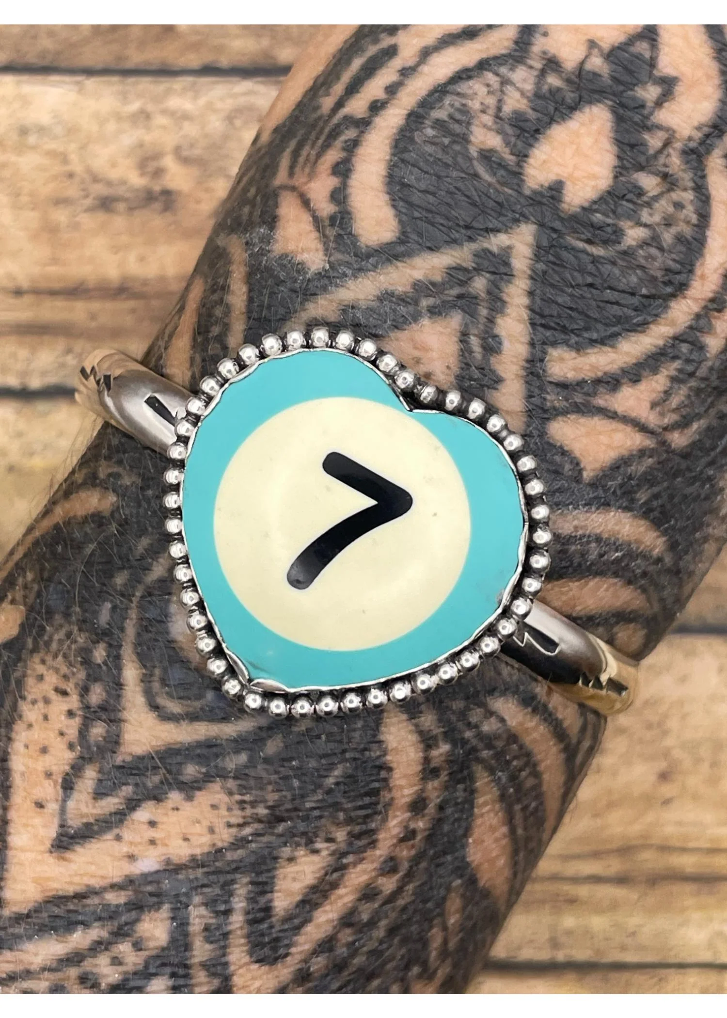 Sterling Silver Heart Cuff Turquoise Billiard Ball Lucky #7
