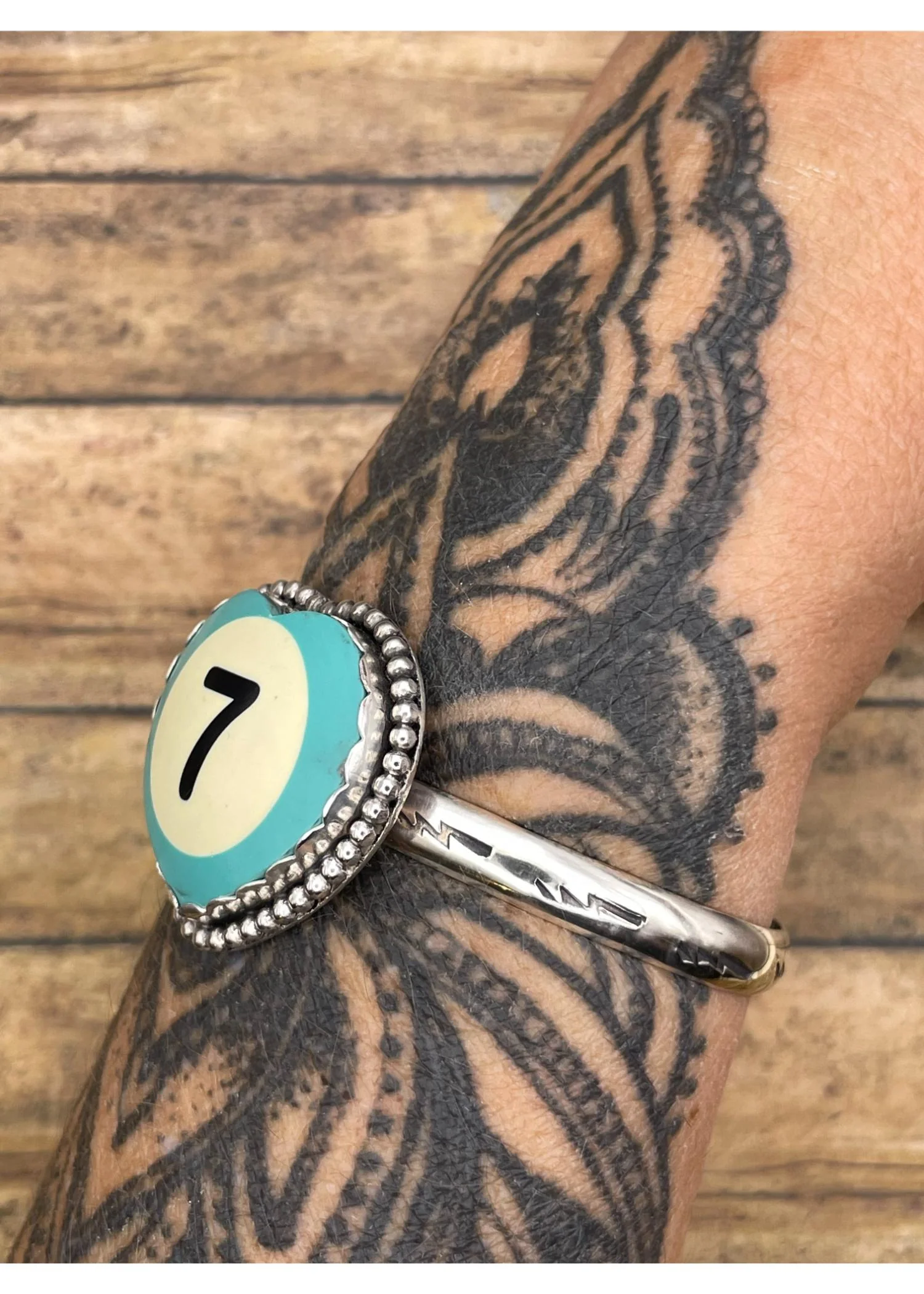Sterling Silver Heart Cuff Turquoise Billiard Ball Lucky #7 - Image 2