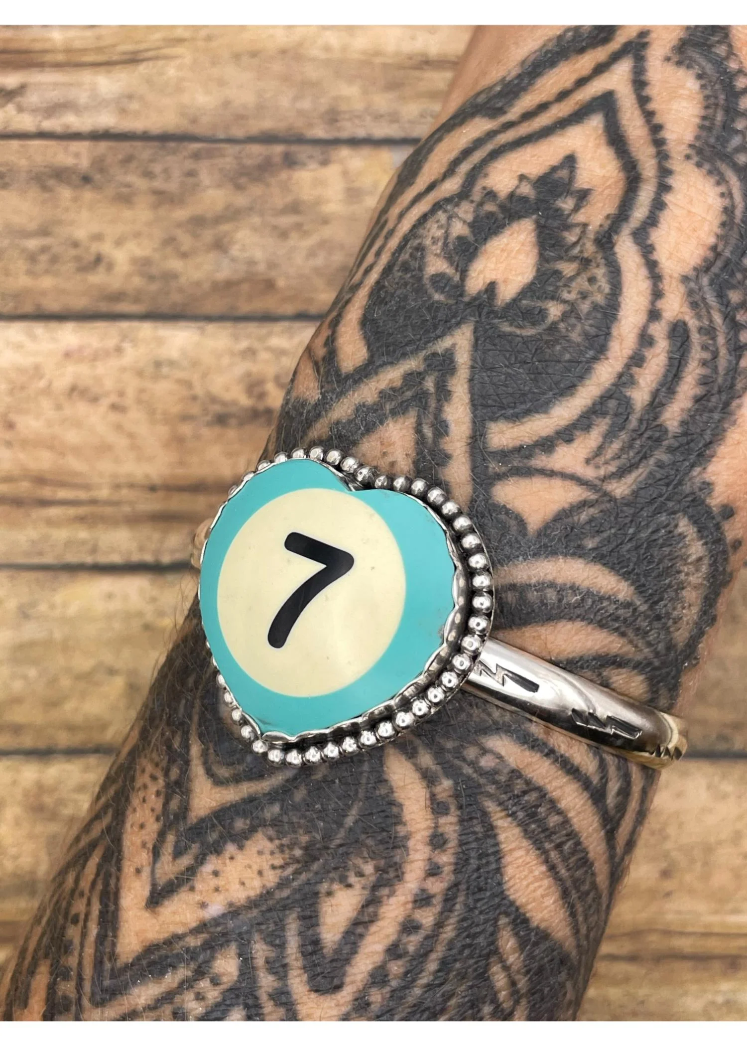 Sterling Silver Heart Cuff Turquoise Billiard Ball Lucky #7 - Image 5